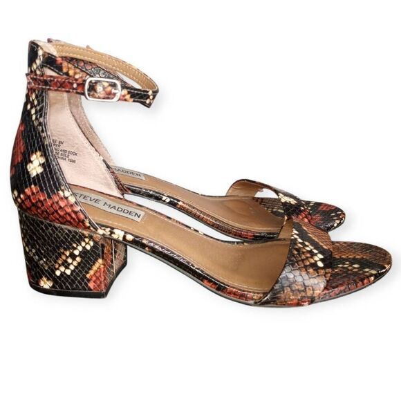 STEVE MADDEN IRENEE BROWN & BLACK SNAKE PRINT BLOCK HEEL ANKLE STRAP SANDAL SZ.8 - Picture 1 of 8